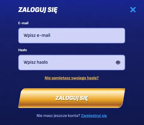 Ekran logowania kasyna z polami e-mail i hasło